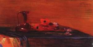 Stillleben mit Anemonen und dunkelroter Glaskaraffe von Curt Herrmann